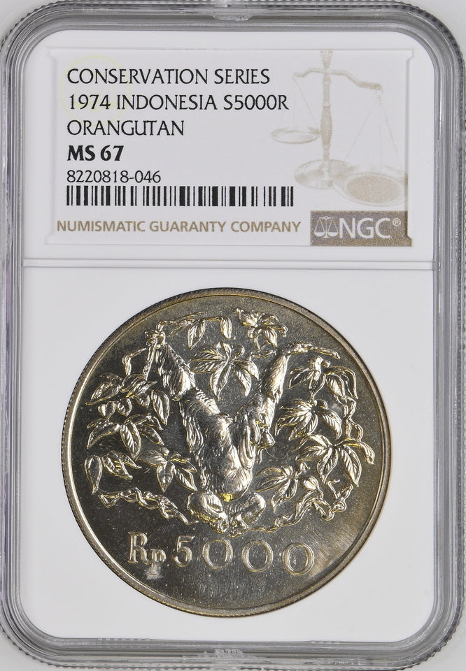 1974 SILVER INDONESIA 5000 RUPIAH CONSERVATION ORANGUTAN ( NGC ) MS67 - NGC SILVER COINS - Cambridgeshire Coins
