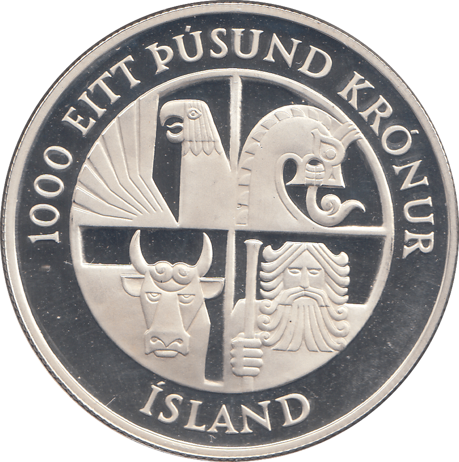 1974 SILVER PROOF 1000 KRONUR 1100TH ANNIVERSARY OF 1ST SETTLEMENT ICELAND - SILVER WORLD COINS - Cambridgeshire Coins