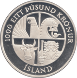 1974 SILVER PROOF 1000 KRONUR 1100TH ANNIVERSARY OF 1ST SETTLEMENT ICELAND - SILVER WORLD COINS - Cambridgeshire Coins