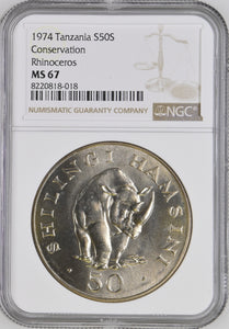 1974 SILVER TANZANIA FIFTY SHILLINGS CONSERVATION RHINOCEROS ( NGC ) MS67 - NGC SILVER COINS - Cambridgeshire Coins