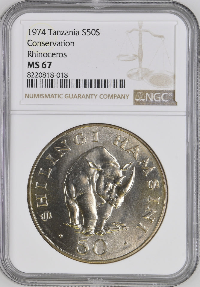 1974 SILVER TANZANIA FIFTY SHILLINGS CONSERVATION RHINOCEROS ( NGC ) MS67 - NGC SILVER COINS - Cambridgeshire Coins