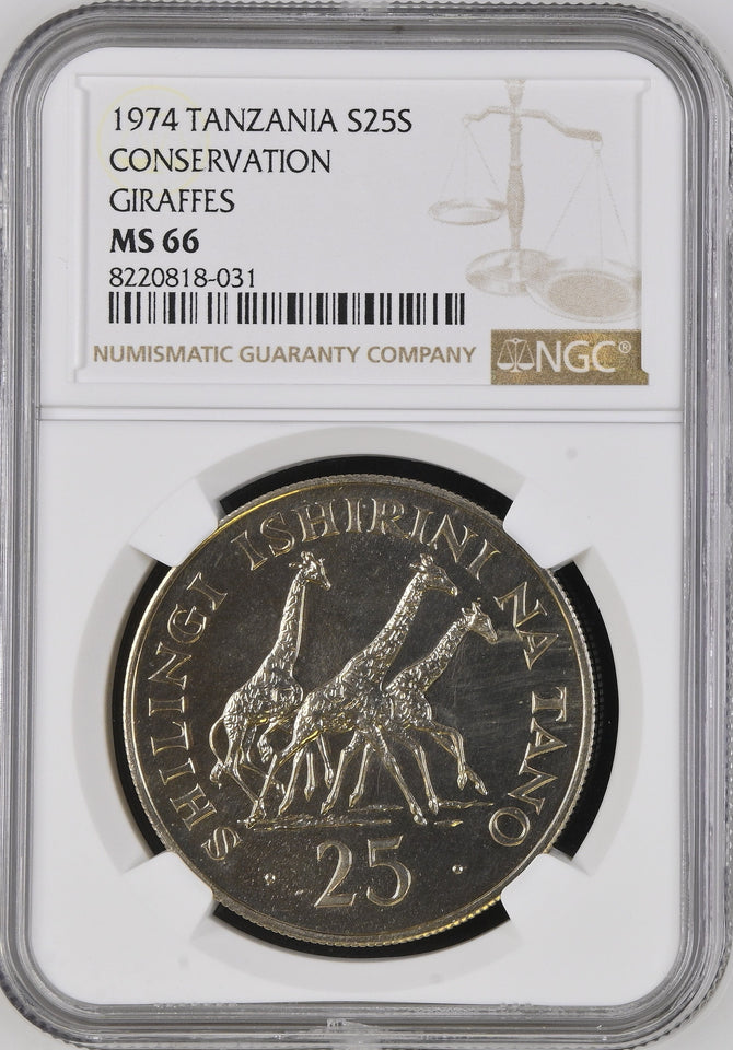 1974 SILVER TANZANIA TWENTY FIVE SHILLING CONSERVATION GIRAFFES ( NGC ) MS66 - NGC SILVER COINS - Cambridgeshire Coins