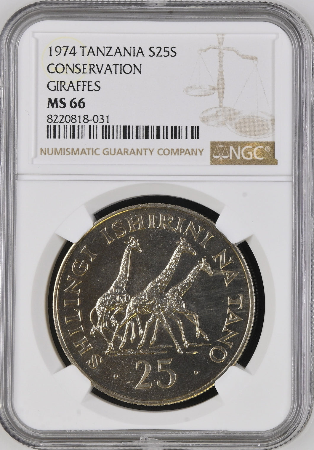 1974 SILVER TANZANIA TWENTY FIVE SHILLING CONSERVATION GIRAFFES ( NGC ) MS66 - NGC SILVER COINS - Cambridgeshire Coins