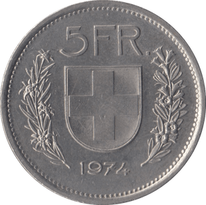 1974 SWITZERLAND FIVE FRANCS - WORLD COINS - Cambridgeshire Coins