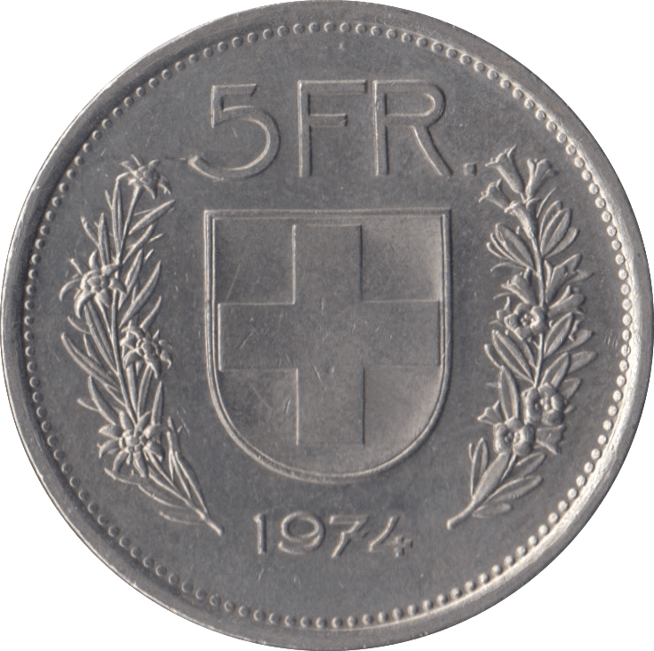 1974 SWITZERLAND FIVE FRANCS - WORLD COINS - Cambridgeshire Coins
