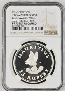 1975 MAURITIUS BLUE SWALLOWTAIL .925 FINENESS (28g) CONSERVATION S25R PF70 - NGC SILVER COINS - Cambridgeshire Coins