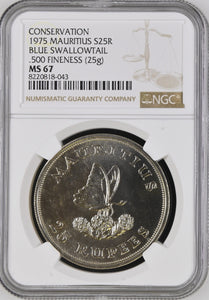 1975 SILVER MAURITIUS 25 RUPEES CONSERVATION BLUE SWALLOWTAIL ( NGC ) MS67 - NGC SILVER COINS - Cambridgeshire Coins