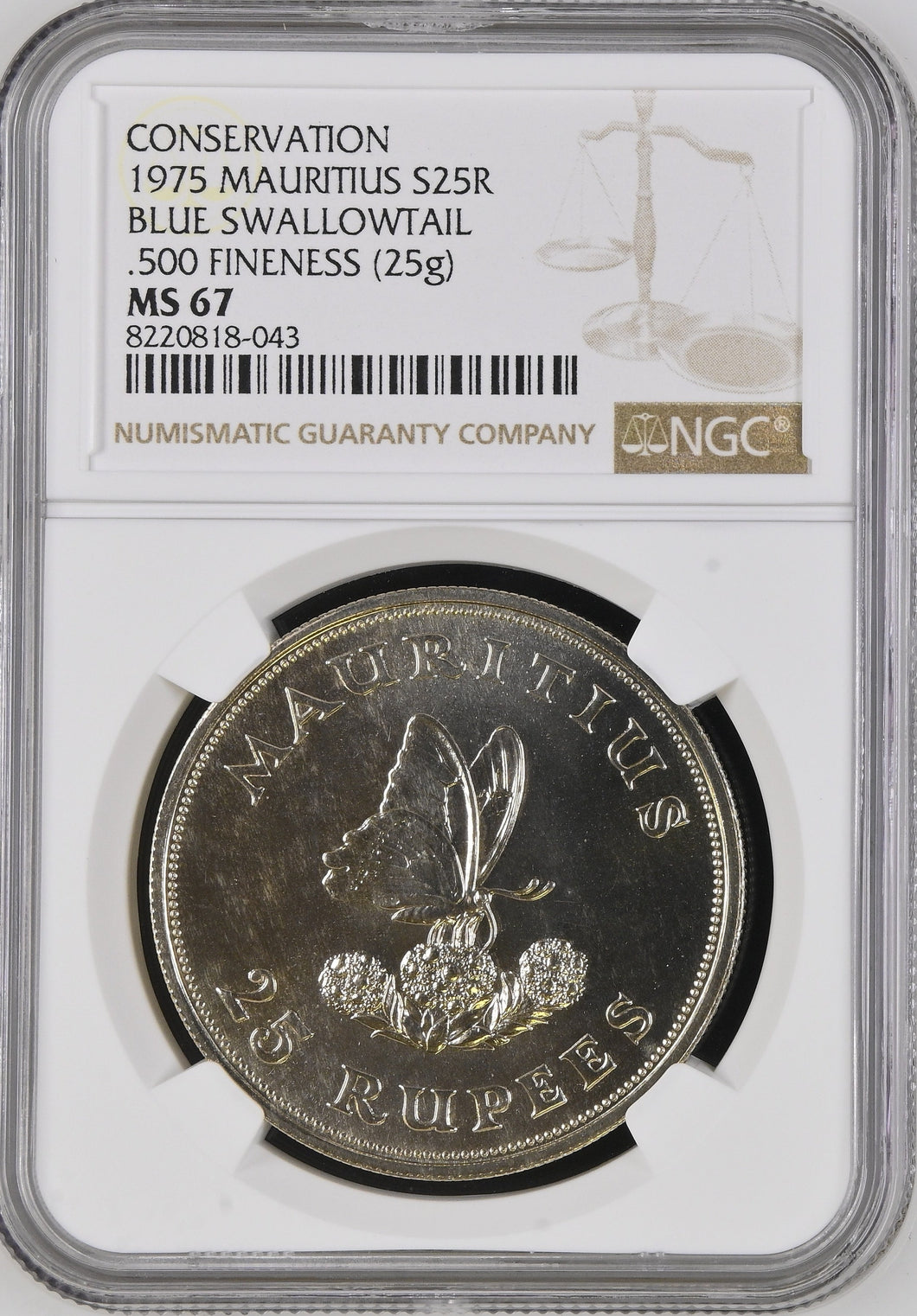 1975 SILVER MAURITIUS 25 RUPEES CONSERVATION BLUE SWALLOWTAIL ( NGC ) MS67 - NGC SILVER COINS - Cambridgeshire Coins