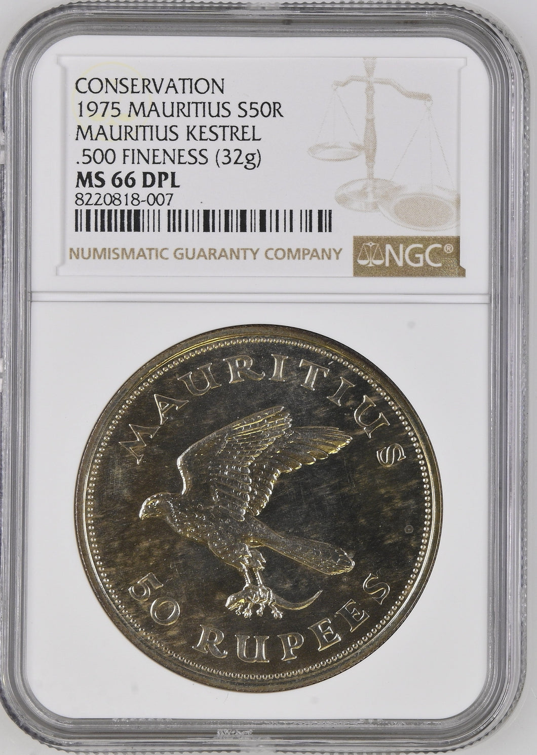 1975 SILVER MAURITIUS 50 RUPES CONSERVATION KESTREL COIN ( NGC ) MS66 DPL - NGC SILVER COINS - Cambridgeshire Coins