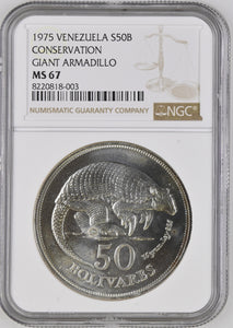 1975 SILVER VENEZUELA 50 BOLIVARS CONSERVATION SERIES GIANT ARMADILLO ( NGC ) MS67 - NGC SILVER COINS - Cambridgeshire Coins