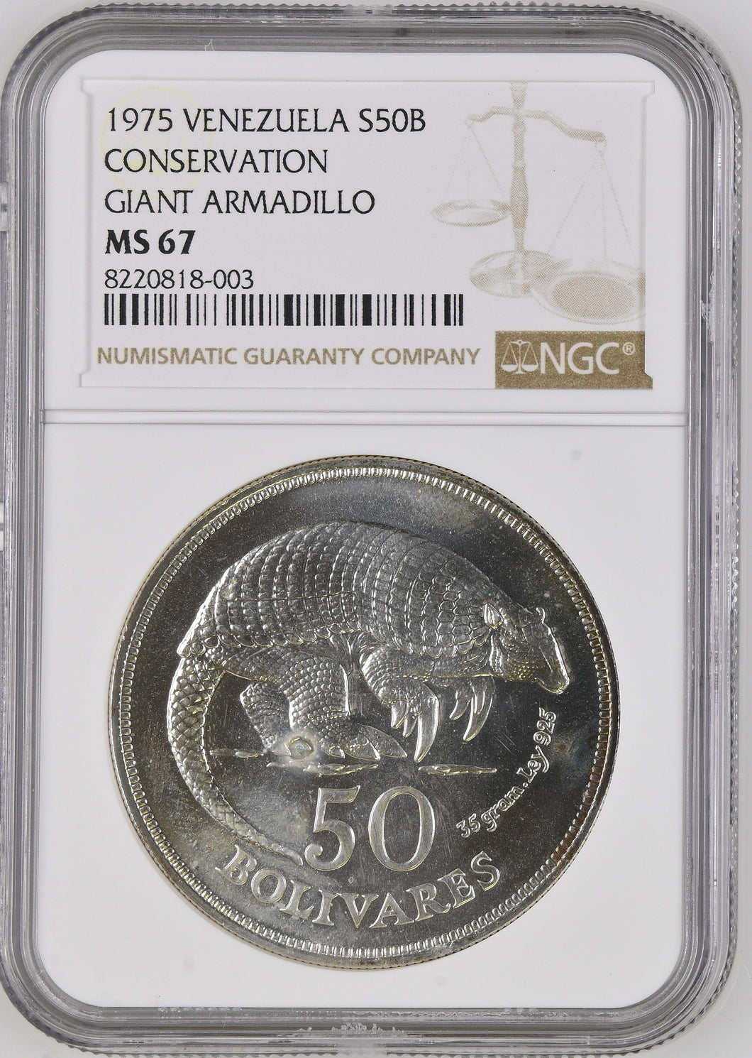 1975 SILVER VENEZUELA 50 BOLIVARS CONSERVATION SERIES GIANT ARMADILLO ( NGC ) MS67 - NGC SILVER COINS - Cambridgeshire Coins