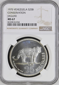 1975 SILVER VENEZUELA TWENTY FIVE BOLIVARS CONSERVATION JAGUAR ( NGC ) MS67 - NGC SILVER COINS - Cambridgeshire Coins