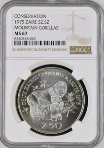 1975 SILVER ZAIRE 2.50 ZAÏRES CONSERVATION MOUNTAIN GORILLAS ( NGC ) MS67 - NGC SILVER COINS - Cambridgeshire Coins