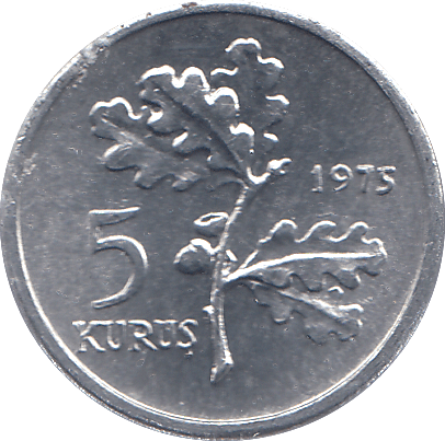 1975 TURKEY FIVE KURUS - WORLD COINS - Cambridgeshire Coins