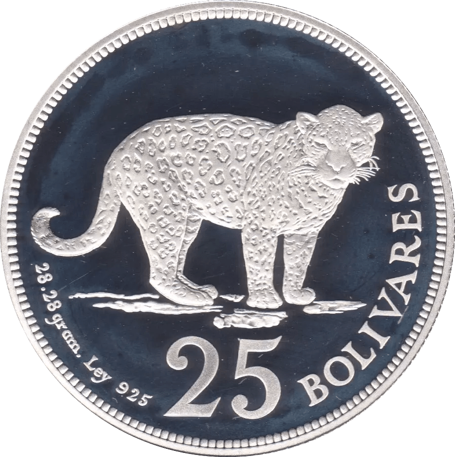 1975 VENEZUELA 25 BOLIVARES SPOTTED JAGUAR SILVER PROOF COIN .925 - SILVER WORLD COINS - Cambridgeshire Coins