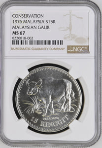 1976 MALAYSIA SILVER 15 RINGGIT CONSERVATION SERIES MALAYSIAN GAUR ( NGC ) MS67 - NGC SILVER COINS - Cambridgeshire Coins