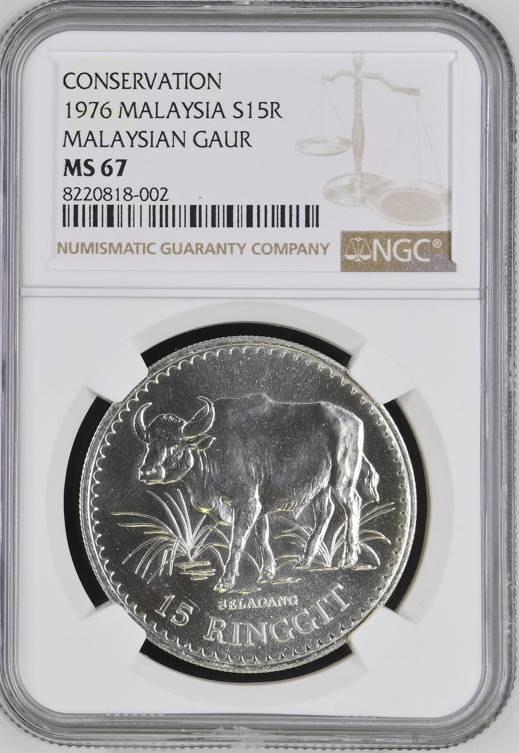 1976 MALAYSIA SILVER 15 RINGGIT CONSERVATION SERIES MALAYSIAN GAUR ( NGC ) MS67 - NGC SILVER COINS - Cambridgeshire Coins