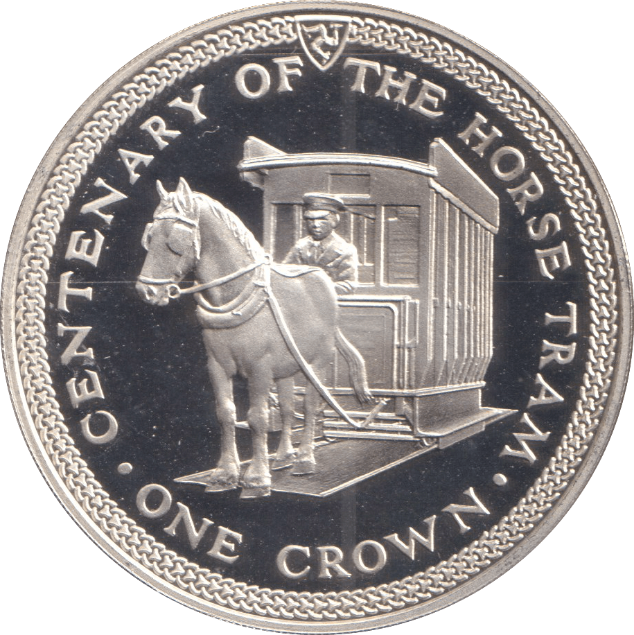 1976 ONE CROWN ISLE OF MAN CENTENARY OF THE HORSE TRAM - SILVER WORLD COINS - Cambridgeshire Coins