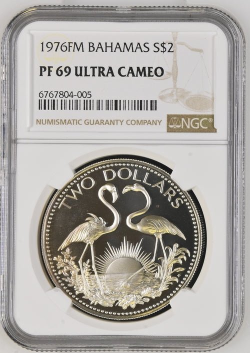 1976 SILVER $2 COMMONWEALTH OF BAHAMAS FLAMINGOS ( NGC ) PF 69 ULTRA CAMEO - NGC SILVER COINS - Cambridgeshire Coins