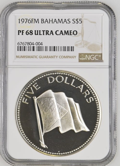 1976 SILVER $5 COMMONWEALTH OF BAHAMAS NATIONAL FLAG ( NGC ) PF 68 ULTRA CAMEO - NGC SILVER COINS - Cambridgeshire Coins