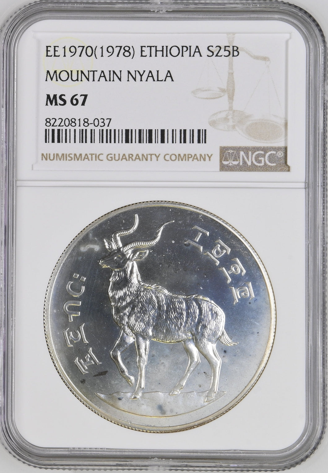 1976 SILVER ETHIOPIA TWENTY FIVE BIRR CONSERVATION MOUNTAIN NYALA ( NGC ) MS67 - NGC SILVER COINS - Cambridgeshire Coins