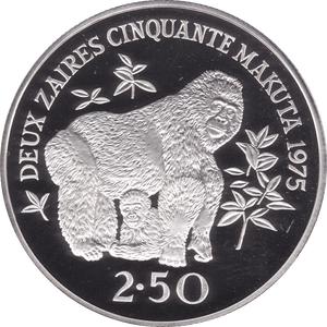 1977 ZAIRE 2.50 ZAIRE MOUNTAIN GORILLA SILVER PROOF COIN .925 - SILVER WORLD COINS - Cambridgeshire Coins
