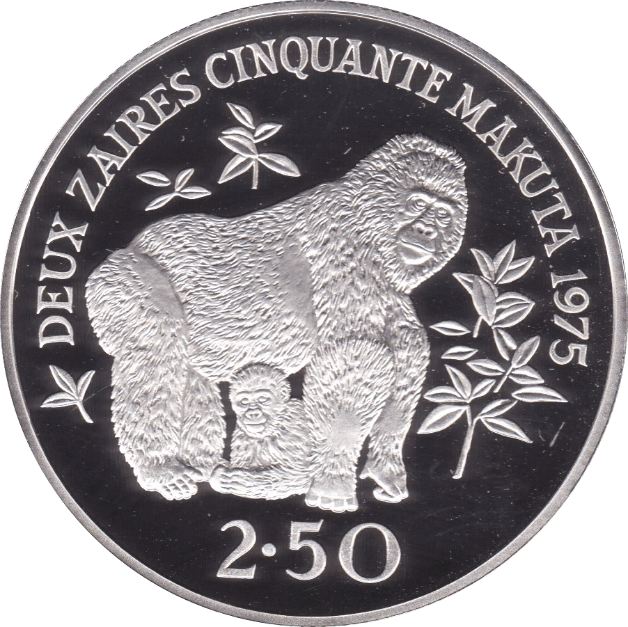 1977 ZAIRE 2.50 ZAIRE MOUNTAIN GORILLA SILVER PROOF COIN .925 - SILVER WORLD COINS - Cambridgeshire Coins