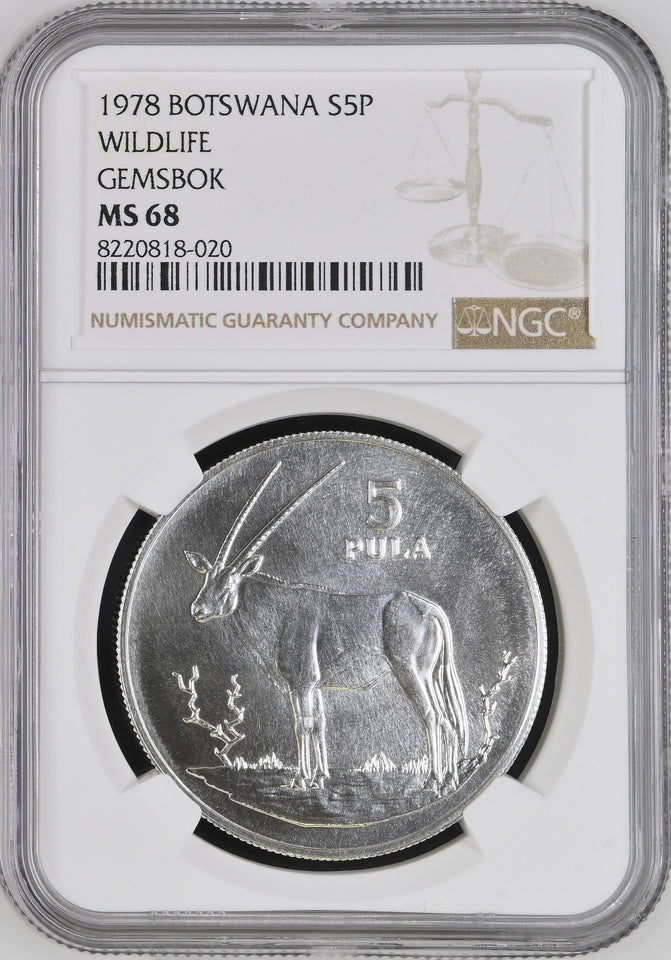 1978 SILVER BOTSWANA FIVE PULA CONSERVATION GEMSBOK ( NGC ) MS68 - NGC SILVER COINS - Cambridgeshire Coins