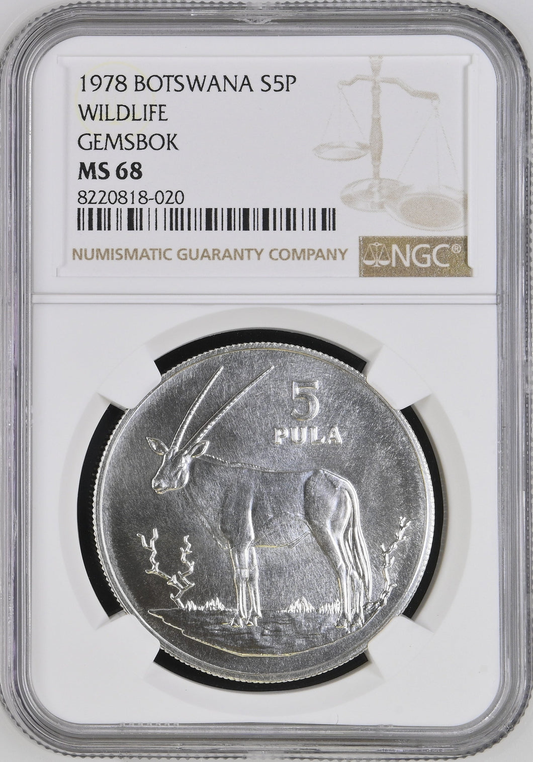 1978 SILVER BOTSWANA FIVE PULA CONSERVATION GEMSBOK ( NGC ) MS68 - NGC SILVER COINS - Cambridgeshire Coins