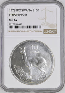 1978 SILVER BOTSWANA TEN PULA CONSERVATION KLIPSPRINGER ( NGC ) MS67 - NGC SILVER COINS - Cambridgeshire Coins