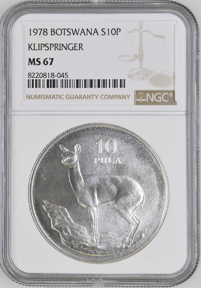 1978 SILVER BOTSWANA TEN PULA CONSERVATION KLIPSPRINGER ( NGC ) MS67 - NGC SILVER COINS - Cambridgeshire Coins