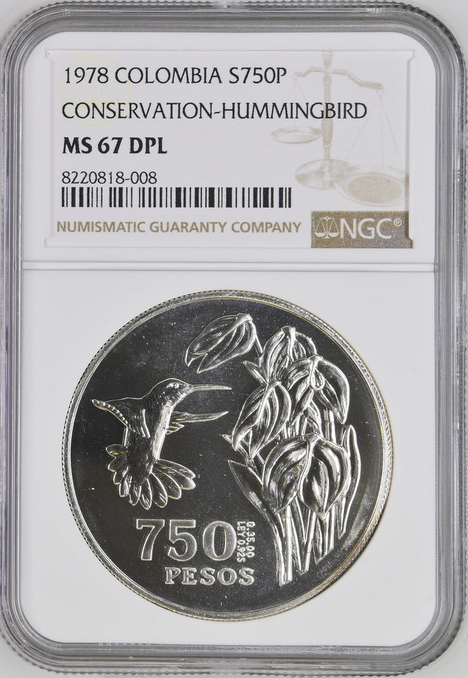 1978 SILVER COLUMBIA 750 PESOS CONSERVATION HUMMINGBIRD COIN ( NGC ) MS67 DPL - NGC SILVER COINS - Cambridgeshire Coins