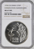 1978 SILVER COLUMBIA 750 PESOS CONSERVATION HUMMINGBIRD COIN ( NGC ) MS67 DPL - NGC SILVER COINS - Cambridgeshire Coins