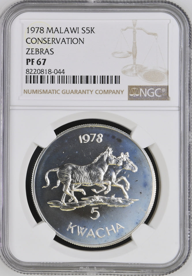 1978 SILVER MALAWI FIVE KWACHA CONSERVATION ZEBRAS ( NGC ) PF67 - NGC SILVER COINS - Cambridgeshire Coins
