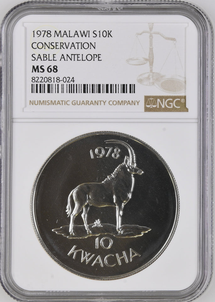 1978 SILVER MALAWI TEN KWACHA CONSERVATION SABLE ANTELOPE( NGC ) MS68 - NGC SILVER COINS - Cambridgeshire Coins