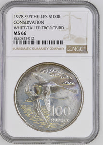 1978 SILVER SEYCHELLES 100 RUPEES CONSERVATION WHITE TAILED TROPICBIRD ( NGC ) MS66 - NGC SILVER COINS - Cambridgeshire Coins