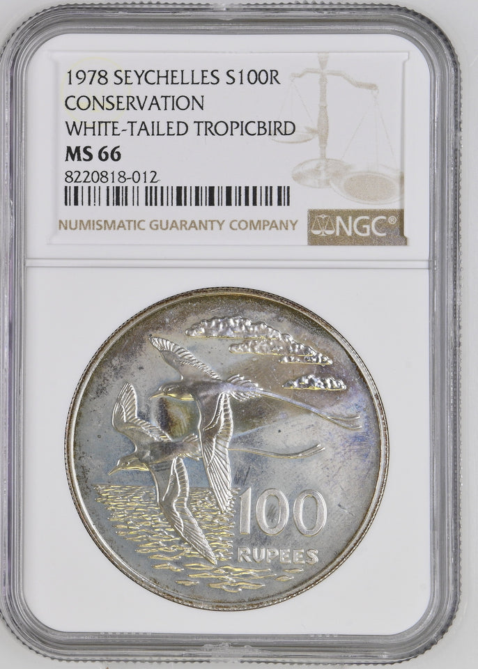 1978 SILVER SEYCHELLES 100 RUPEES CONSERVATION WHITE TAILED TROPICBIRD ( NGC ) MS66 - NGC SILVER COINS - Cambridgeshire Coins