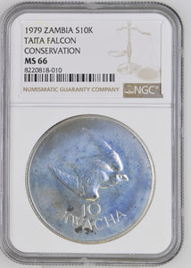 1979 SILVER ZAMBIA 10 KWACHA CONSERVATION TAITA FALCON COIN ( NGC ) MS66 - NGC SILVER COINS - Cambridgeshire Coins
