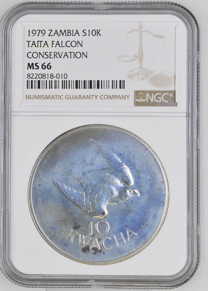 1979 SILVER ZAMBIA 10 KWACHA CONSERVATION TAITA FALCON COIN ( NGC ) MS66 - NGC SILVER COINS - Cambridgeshire Coins