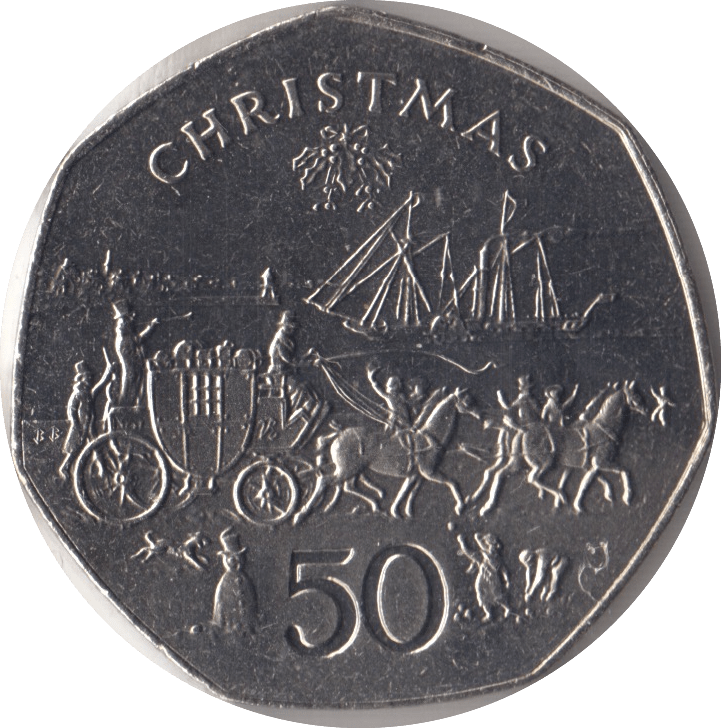 1980 CHRISTMAS BRILLIANT UNCIRCULATED 50P STAGECOACH ISLE OF MAN - WORLD COINS - Cambridgeshire Coins
