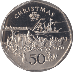 1980 CHRISTMAS PROOF 50P STAGECOACH ISLE OF MAN - SILVER WORLD COINS - Cambridgeshire Coins