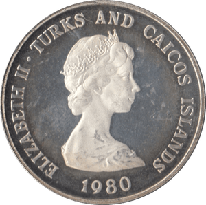 1980 SILVER PROOF FIVE CROWNS TURKS AND CAICOS - SILVER WORLD COINS - Cambridgeshire Coins