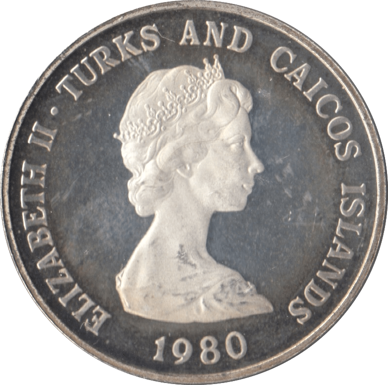1980 SILVER PROOF FIVE CROWNS TURKS AND CAICOS - SILVER WORLD COINS - Cambridgeshire Coins