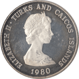 1980 SILVER PROOF FIVE CROWNS TURKS AND CAICOS - SILVER WORLD COINS - Cambridgeshire Coins