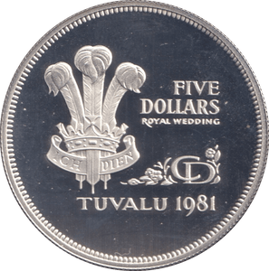 1981 SILVER PROOF FIVE DOLLARS ROYAL WEDDING TUVALU - SILVER WORLD COINS - Cambridgeshire Coins