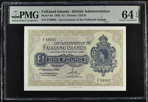 1982 FALKLAND ISLANDS/BRITISH ADMINISTRATION ONE POUND BANKNOTE P8d PMG 64 GEM UNCIRCULATED - PMG CERTIFIED WORLD BANKNOTES - Cambridgeshire Coins