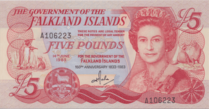 1983 FIVE POUNDS FALKLAND ISLANDS BANKNOTE REF-1806 - WORLD BANKNOTES - Cambridgeshire Coins