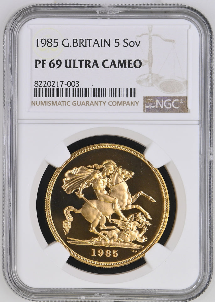 1985 GOLD FIVE POUND SOVEREIGN PF 69 ULTRA CAMEO - NGC GOLD COINS - Cambridgeshire Coins