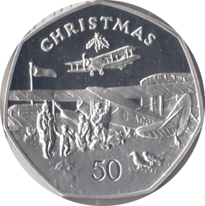 1985 SILVER PROOF CHRISTMAS 50P BI PLANE ISLE OF MAN 2 - 50P CHRISTMAS COINS - Cambridgeshire Coins