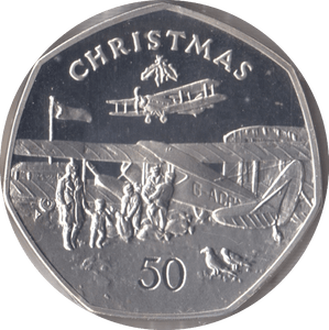 1985 SILVER PROOF CHRISTMAS 50P BI PLANE ISLE OF MAN - 50P CHRISTMAS COINS - Cambridgeshire Coins